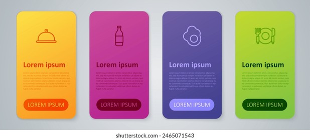 Set line Scrambled egg, Plate, fork and knife, Covered with tray of food and Bottle wine. Business infographic template. Vector