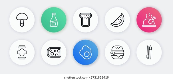 Set line Huevo revuelto, Pavo asado o pollo, Soda can, Hamburguesa, Sandía, Pan tostado, Palillos de comida y icono de queso. Vector