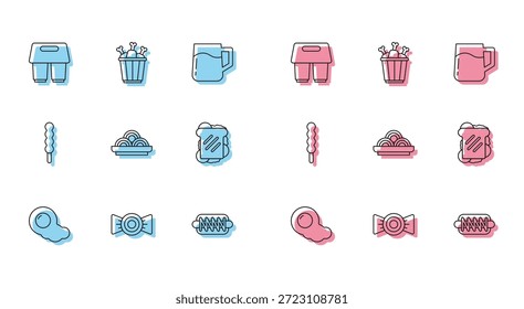 Set línea de huevos revueltos, caramelo, taza de café para llevar, sándwich de perrito caliente, fideos asiáticos en el tazón, sándwich, piruleta y pollo icono de la caja del paquete de pierna. Vector