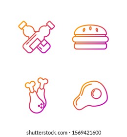 Set line Scrambled eggs, Chicken leg, Crossed bottle of water and Burger. Gradient color icons. Vector