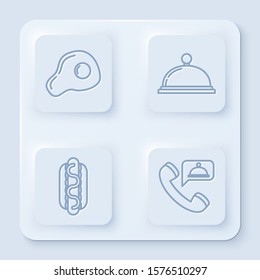 Set line Scrambled eggs, Covered with a tray of food, Hotdog sandwich with mustard and Food ordering. White square button. Vector