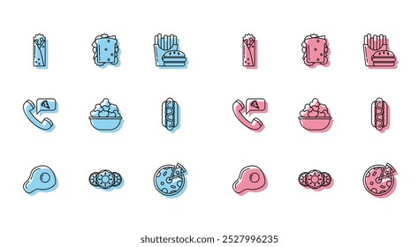 Set line Scrambled eggs, Donut with sweet glaze, Doner kebab, Pizza, Popcorn in bowl, Hotdog sandwich mustard, Food ordering pizza and Sandwich icon. Vector