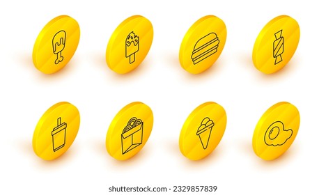 Set line Scrambled eggs, Ice cream in waffle cone, Noodles box, Paper glass with straw, Candy, Burger,  and Chicken leg icon. Vector