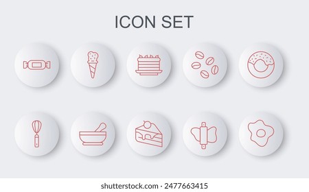Set line Scrambled eggs, Kitchen whisk, Cake, Rolling pin on dough, Candy, Ice cream waffle cone, Mortar pestle and Piece of cake icon. Vector