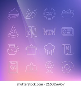 Fijar la línea Huevos revueltos, Cheque de papel o financiero, Pedidos y entregas en línea, Toilet, Menú de cafetería de restaurante, Pieza de pizza, Cubierta con la bandeja de comida y el icono de la silla de mesa de madera. Vector