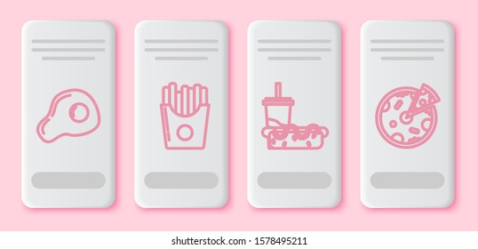 Set line Scrambled eggs, Potatoes french fries in carton package box, Paper glass with drinking straw and hotdog and Pizza. White rectangle button. Vector