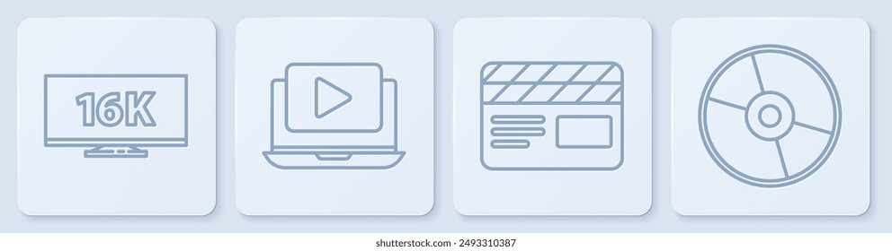 Set line Screen tv with 16k, Movie clapper, Online play video and CD or DVD disk. White square button. Vector