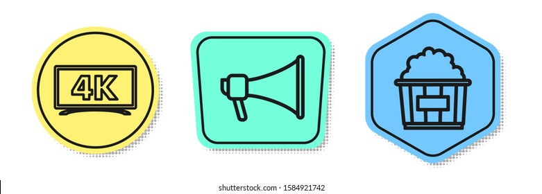 Set line Screen tv with 4k Ultra HD video technology , Megaphone  and Popcorn in cardboard box . Colored shapes. Vector