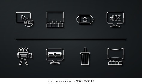 Set line Screen tv with 4k, Retro cinema camera, Ultra HD, Paper glass water, 3D glasses, Cinema auditorium screen,  and ticket icon. Vector