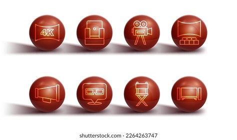 Set line Screen tv with 4k, Megaphone, Cinema auditorium screen, Director movie chair, 3D cinema glasses, Smart Tv and Retro camera icon. Vector