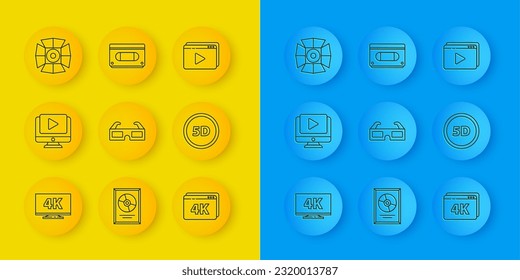 Set line Screen tv with 4k, Online play video, 3D cinema glasses, 5d virtual reality, Movie spotlight,  and VHS cassette tape icon. Vector