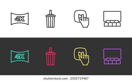 Set line Screen tv with 4k, Paper glass water, Online play video and Cinema auditorium screen on black and white. Vector