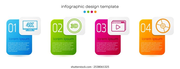 Set line Screen tv com 4k, palavra 3D, reprodução online de vídeo e CD ou DVD disco. Modelo de infográfico comercial. Vetor