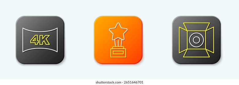 Set line Screen tv with 4k, Movie trophy and spotlight icon. Vector