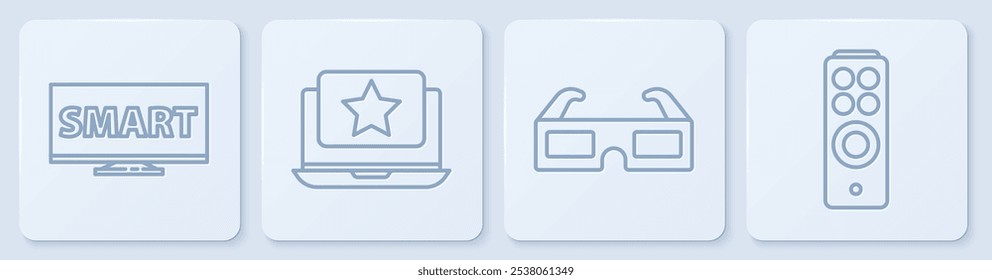 Set line Screen tv with Smart video, 3D cinema glasses, Laptop with star and Remote control. White square button. Vector