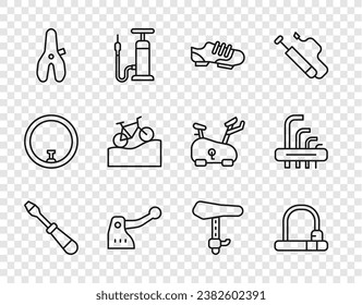 Set line Screwdriver, Bicycle lock, shoes, brake, seat, Mountain bicycle,  and Tool allen keys icon. Vector