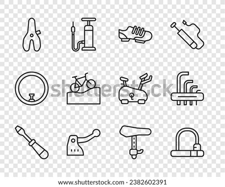 Set line Screwdriver, Bicycle lock, shoes, brake, seat, Mountain bicycle,  and Tool allen keys icon. Vector