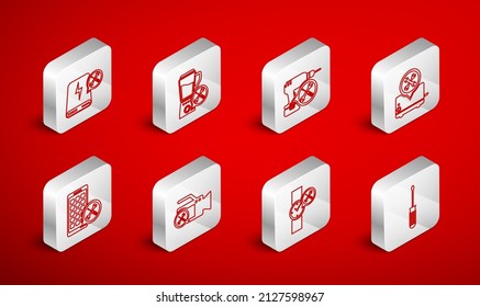 Set line Screwdriver, Blender service, Drill machine, Toaster, Wrist watch, Power bank, Video camera and Mobile Apps icon. Vector