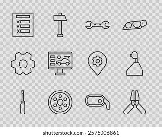 Set line Screwdriver, Car battery jumper power cable, Wrench spanner, Alloy wheel, inspection, Diagnostics condition of car, rearview mirror and Gear shifter icon. Vector