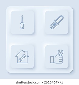 Set line Screwdriver, Chainsaw, House repair and Wrench spanner. White square button. Vector