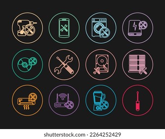 Set line Screwdriver, Database server service, Washer, Crossed screwdriver and wrench, CD or DVD disk, Drill machine, Hard and Smartphone icon. Vector