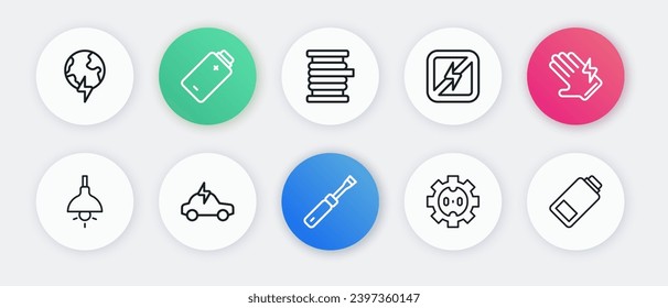 Set line Screwdriver, Electric glove, Lamp hanging, Electrical outlet, No lightning, Wire electric cable on reel, Battery charge and car icon. Vector