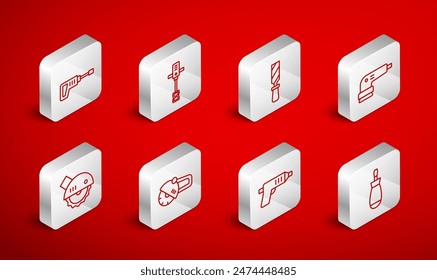 Set line Screwdriver, Electrical hand concrete mixer, Rasp metal file, sander, cordless screwdriver, Rotary hammer drill machine, Angle grinder and circular saw icon. Vector