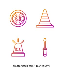 Ajuste el destornillador de la línea, la sirena del lavaparabrisas, la rueda del Camión y el cono de tráfico. Iconos de color degradado. Vector