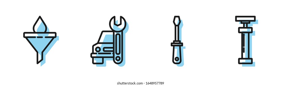 Set line Screwdriver, Funnel or filter and motor oil drop, Car service and Car air pump icon. Vector