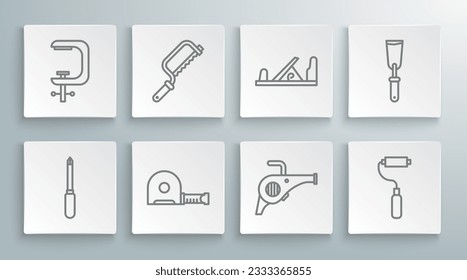 Set line Screwdriver, Hacksaw, Roulette construction, Leaf garden blower, Paint roller brush, Wood plane tool, Putty knife and Clamp and screw icon. Vector