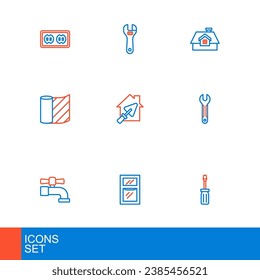 Set line Screwdriver, Hammer and wrench spanner, Water tap, Wrench, Wallpaper, House with trowel,  and Adjustable icon. Vector