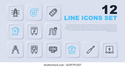 Set line Screwdriver, Laptop, Electric meter, Smart home, kettle, Electrical panel, Roll adhesive tape and outlet icon. Vector