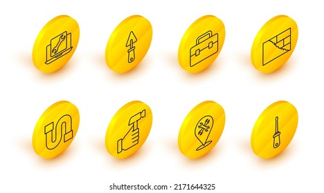 Fijar el destornillador de línea, la ubicación con llave, martillo, tubería de la industria, ladrillos, caja de herramientas, trowel y el icono de servicio de portátil. Vector