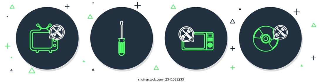 Set line Screwdriver, Microwave oven service, Tv and CD or DVD disk icon. Vector