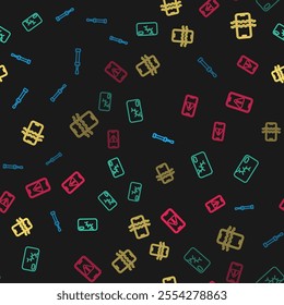 Set line Screwdriver, Mobile with broken screen, Waterproof phone and exclamation mark on seamless pattern. Vector