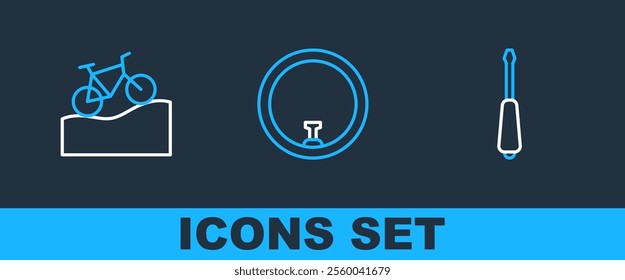 Set line Screwdriver, Mountain bicycle and Bicycle wheel icon. Vector