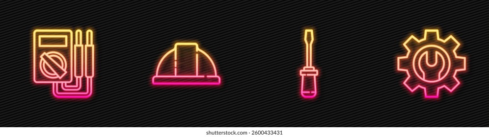 Set line Screwdriver, Multimeter, Worker safety helmet and Wrench spanner and gear. Glowing neon icon. Vector