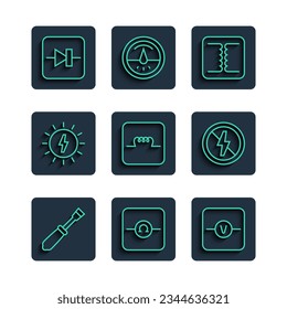 Set line Screwdriver, Ohmmeter, Voltmeter, Electrical transformer, Inductor in electronic circuit, Solar energy panel, Diode and No lightning icon. Vector