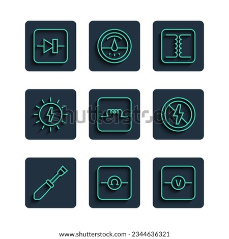 Set line Screwdriver, Ohmmeter, Voltmeter, Electrical transformer, Inductor in electronic circuit, Solar energy panel, Diode and No lightning icon. Vector