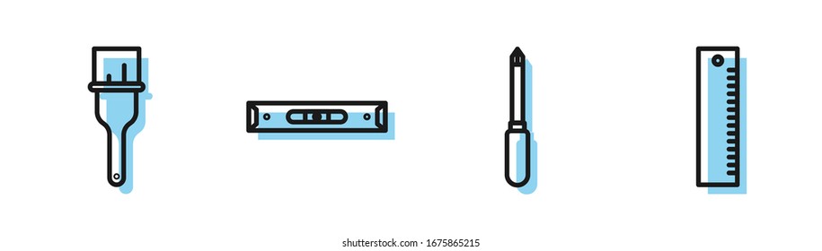 Ajuste el destornillador de línea, Pincel de pintura, Nivel de burbuja de construcción e icono de regla. Vector