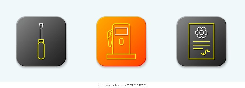 Definir linha Chave de fenda, Posto de gasolina ou posto de gasolina e Auto serviço verificar ícone automotivo. Vetor