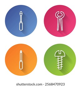 Set line Screwdriver, Pincers and pliers, Screwdriver and Metallic screw. Color circle button. Vector