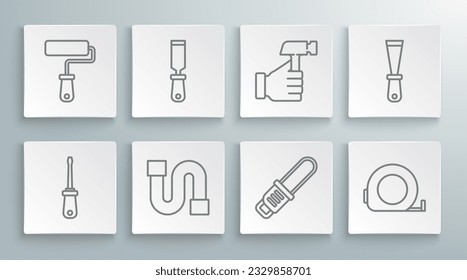 Set line Screwdriver, Rasp metal file, Industry pipe, Chainsaw, Roulette construction, Hammer, Putty knife and Paint roller brush icon. Vector