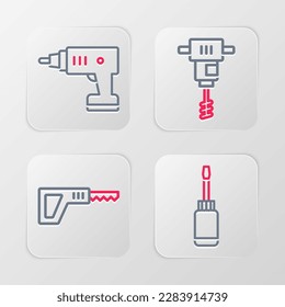 Set line Screwdriver, Reciprocating saw, Electrical hand concrete mixer and cordless screwdriver icon. Vector