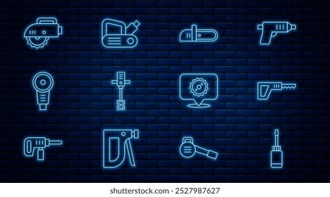 Definir linha Chave de fenda, serra recíproca, Motosserra, Misturador de concreto manual elétrico, moedor de ângulo, circular, Lâmina circular e ícone de ferramenta plaina. Vetor
