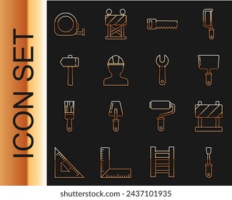 Set line Screwdriver, Road barrier, Putty knife, Hand saw, Worker safety helmet, Hammer, Roulette construction and Wrench spanner icon. Vector