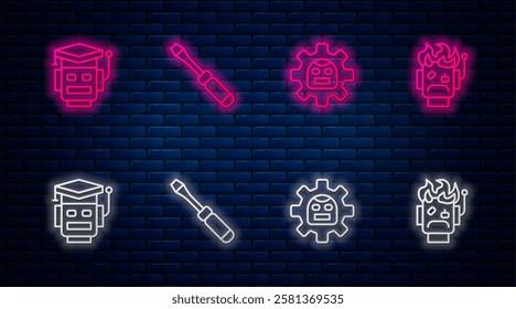 Set line Screwdriver, Robot,  and burned out. Glowing neon icon on brick wall. Vector