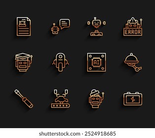 Ajuste a chave de fenda de linha, braço robótico na fábrica, especificação técnica, bateria, garçom e processador com microcircuitos ícone da CPU. Vetor