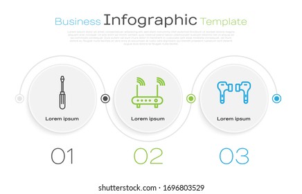 Set line Screwdriver, Router and wi-fi signal and Air headphones. Business infographic template. Vector