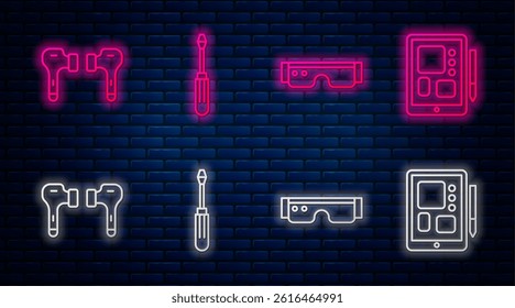 Set line Screwdriver, Smart glasses, Air headphones and Graphic tablet. Glowing neon icon on brick wall. Vector